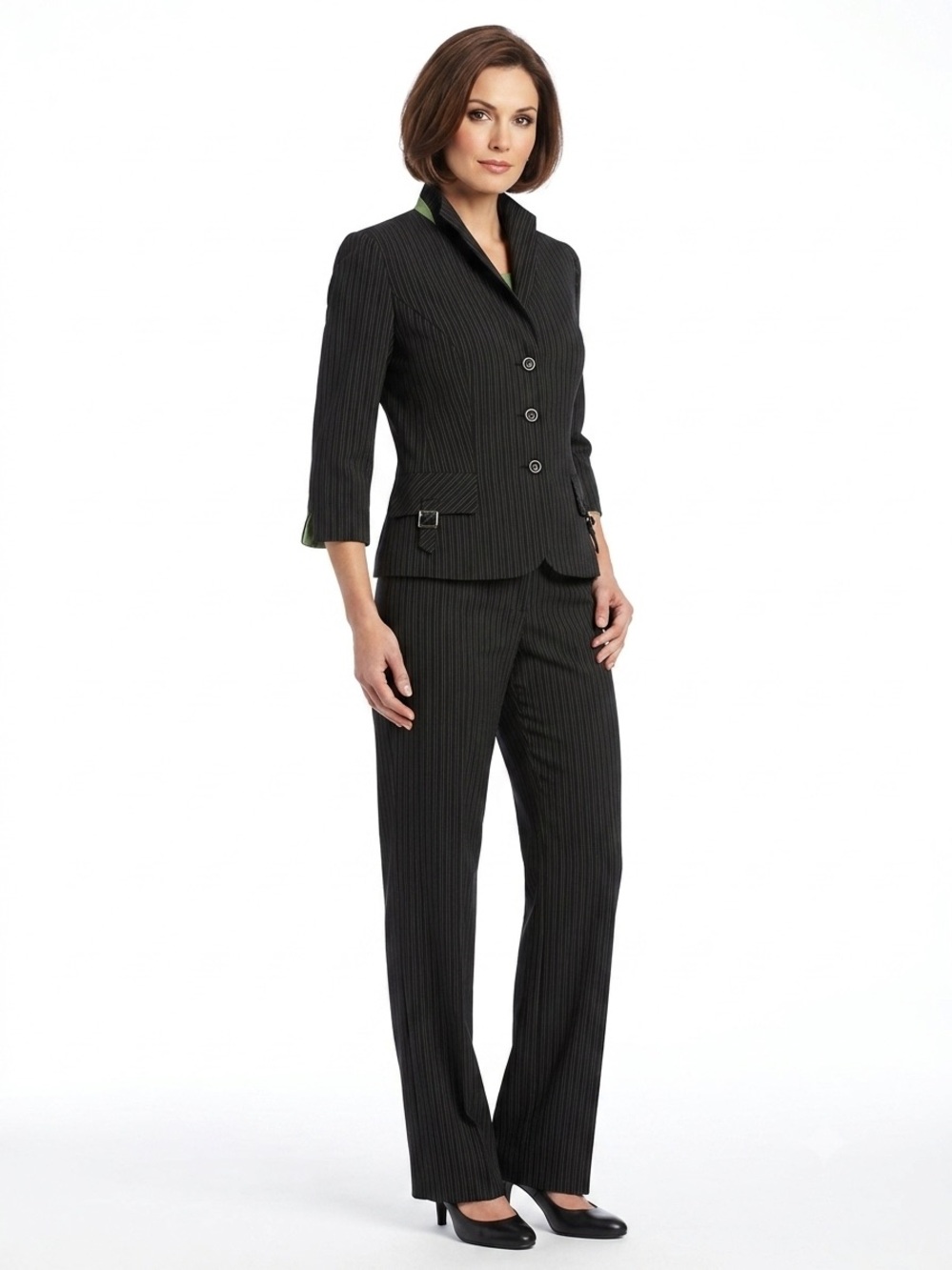 Perceptions, 3-Piece Suit,  Black Pinstripe Pantsuit with Subtle Green Trim - M